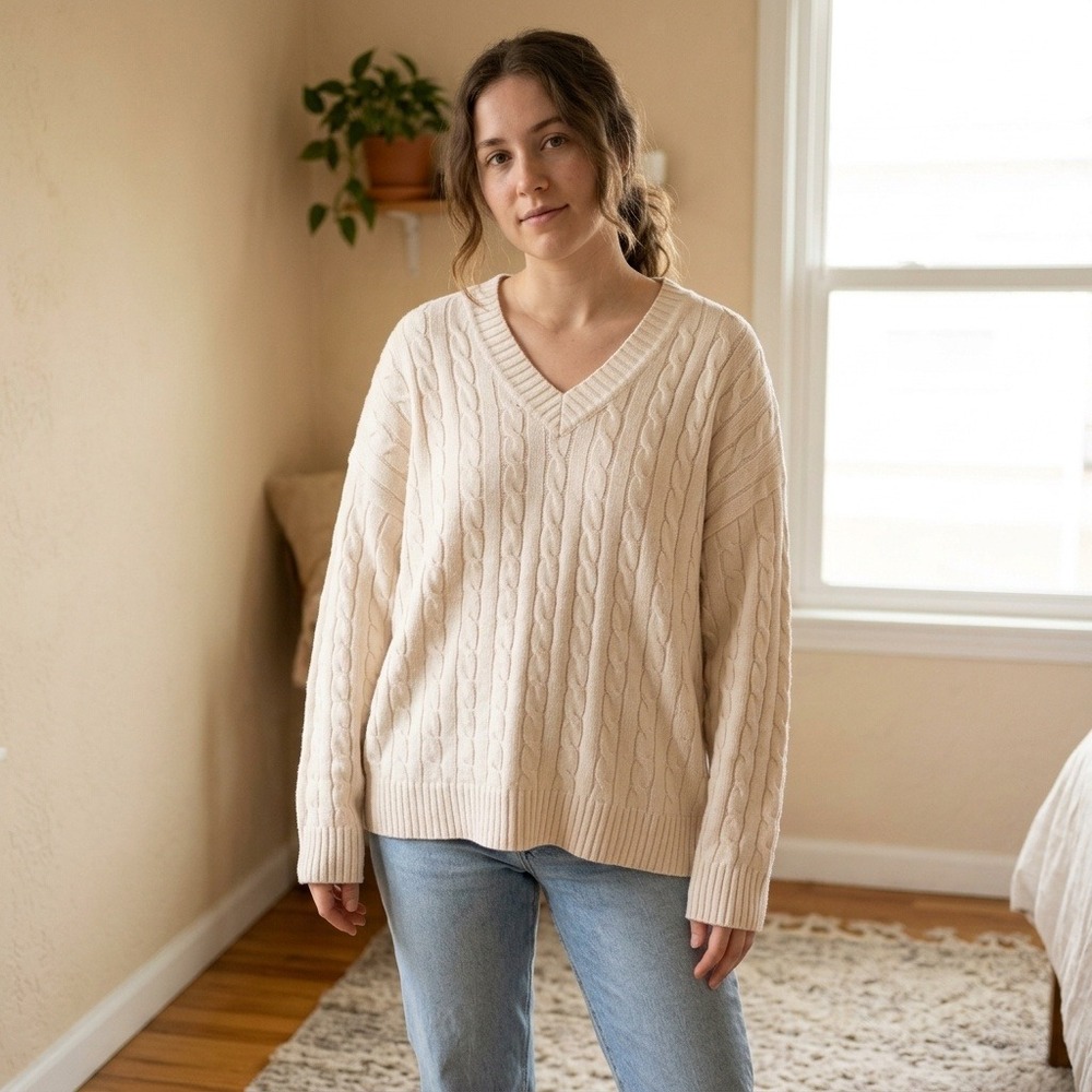 Aritzia Sunday Best Womens Sweater Large Cream Cable Knit Merino Wool Blend